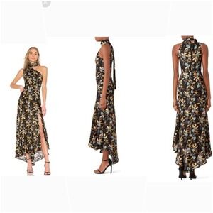 Nicholas‎ Silk Satin Maxi Dress Womens 4 Black Floral One Shoulder High Neck Tie